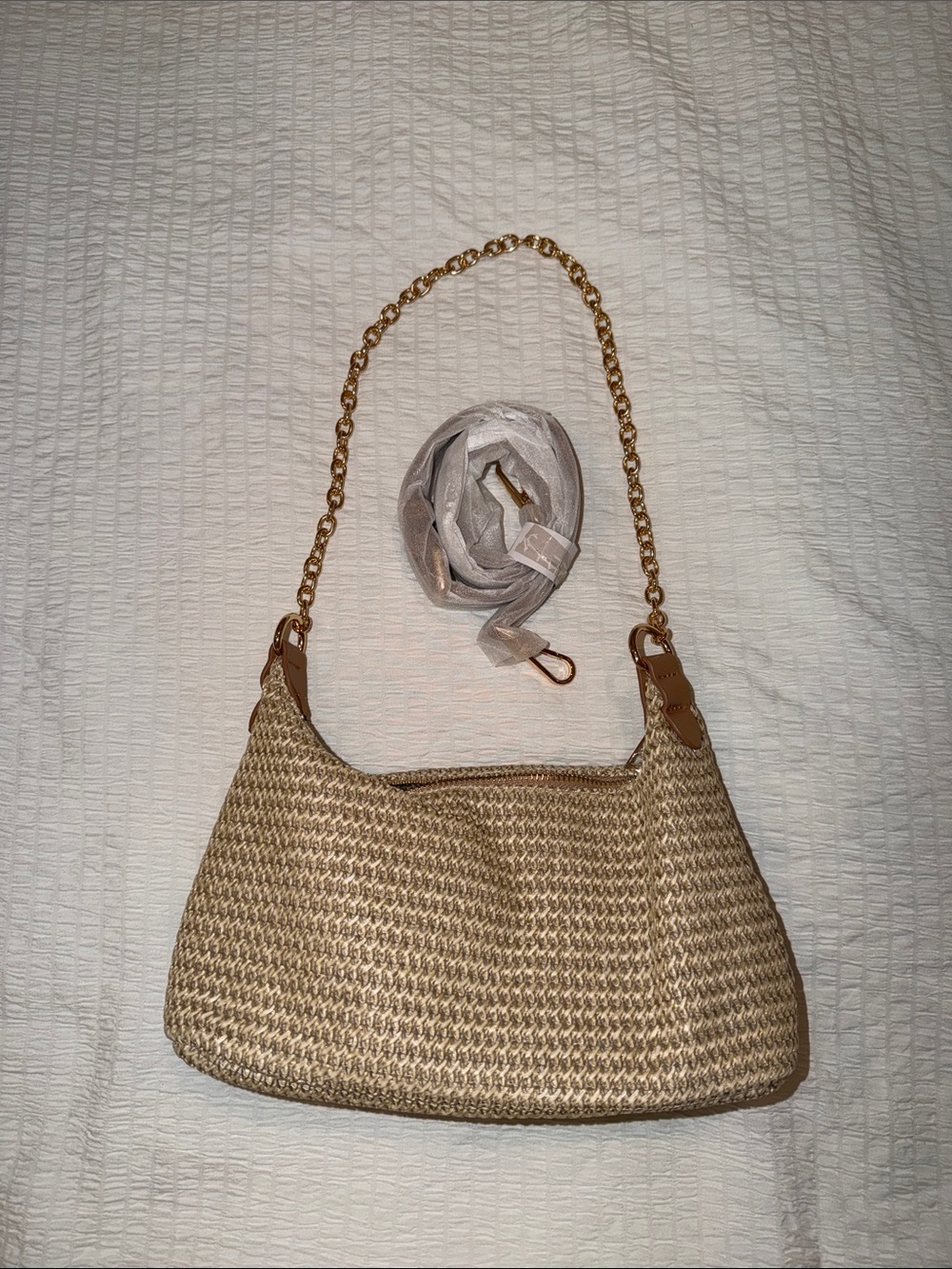 Woven Straw Shoulder Bag with Gold Chain Accent - Natural
